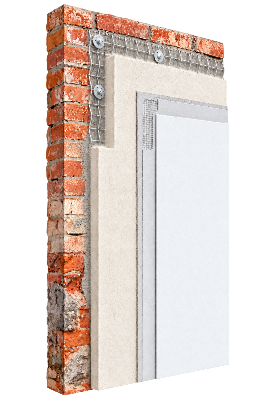 Schematischer Dämmputzaufbau auf Mauerwerk mit Vorspritzmörtel, eingebettetem gewelltem Welnet-Putzträger und Armierungsgewebe in der vorderen Armierungslage.
